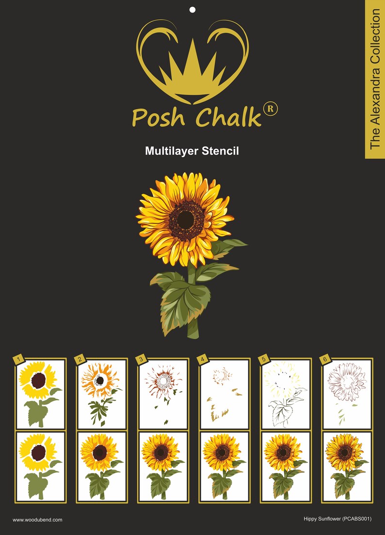 PCSAB001 Posh Chalk Layered Stencil Hippy Sunflower by Alexandra - Posh Chalk Pochoir en couches Hippy Tournesol 39 x 26 cm